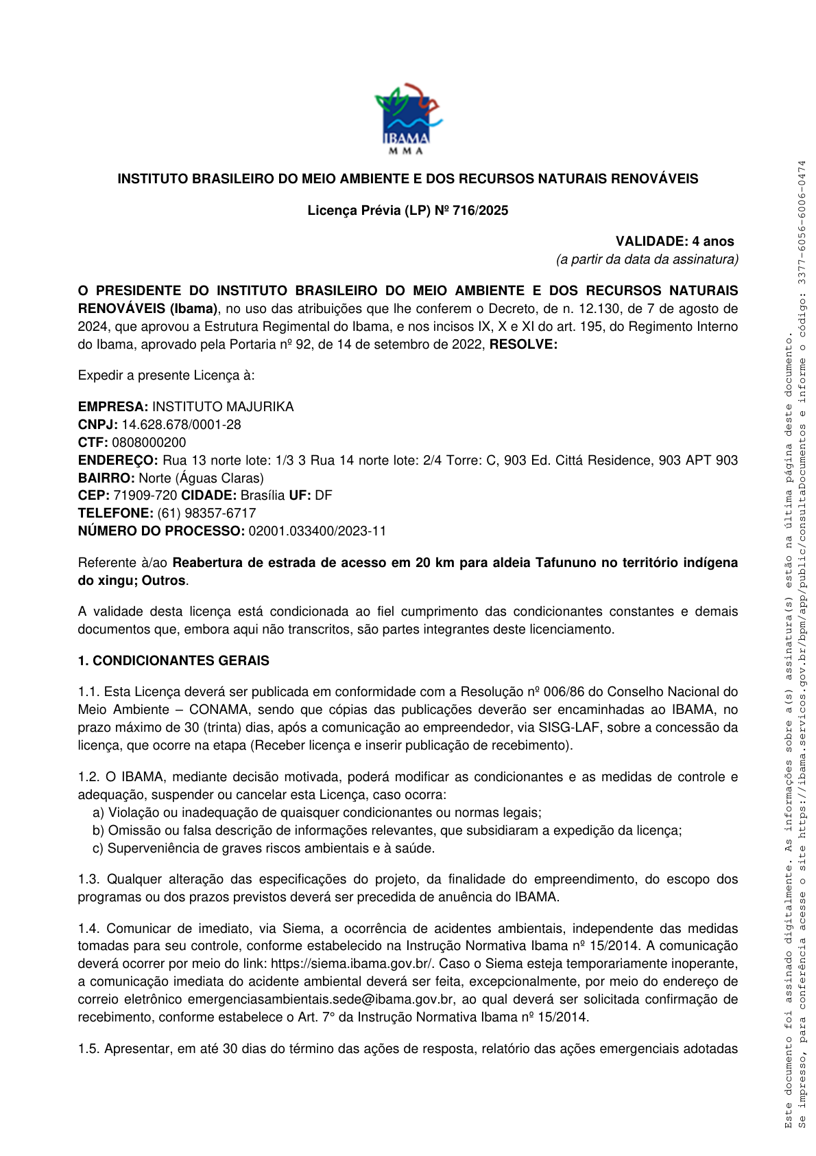 Página 1 da Licença Ambiental Prévia nº 716/2025