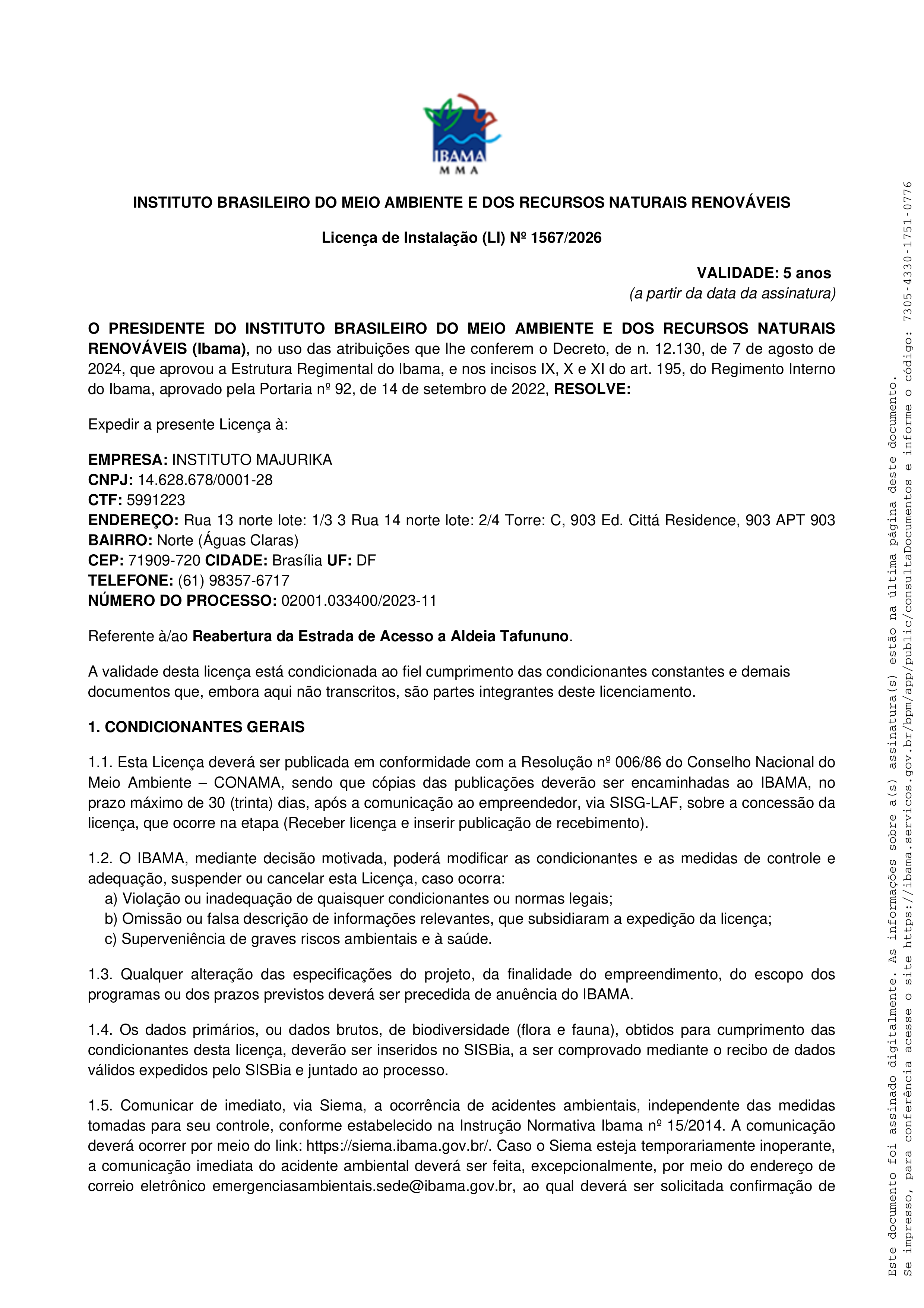 Página 1 da Licença Ambiental de Instalação e de Operação nº 1567/2025