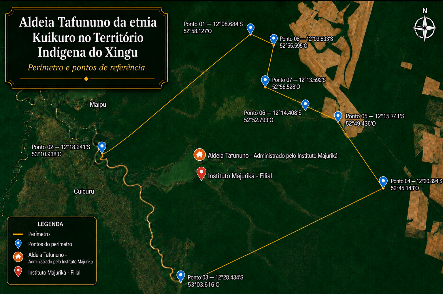 Mapa territorial da Aldeia Tafununo da etnia Kuikuro no Território Indígena do Xingu, com perímetro e pontos de referência